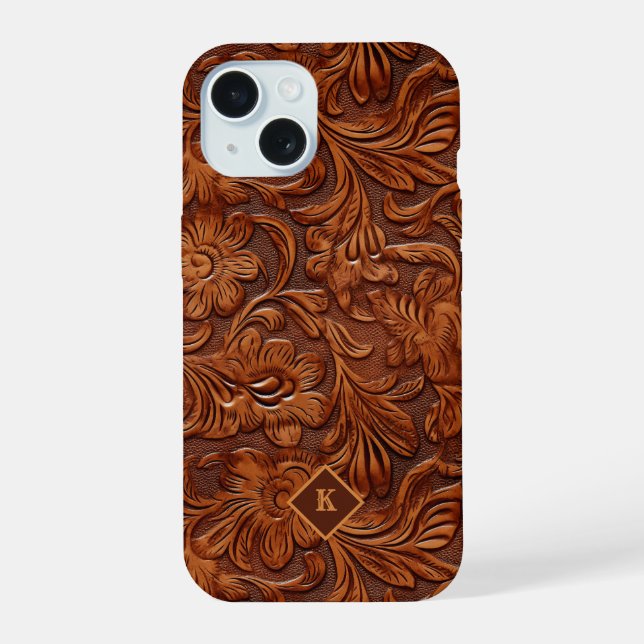 Cuero floral marrón con relieve 3D y 2 monogramas (Reverso )