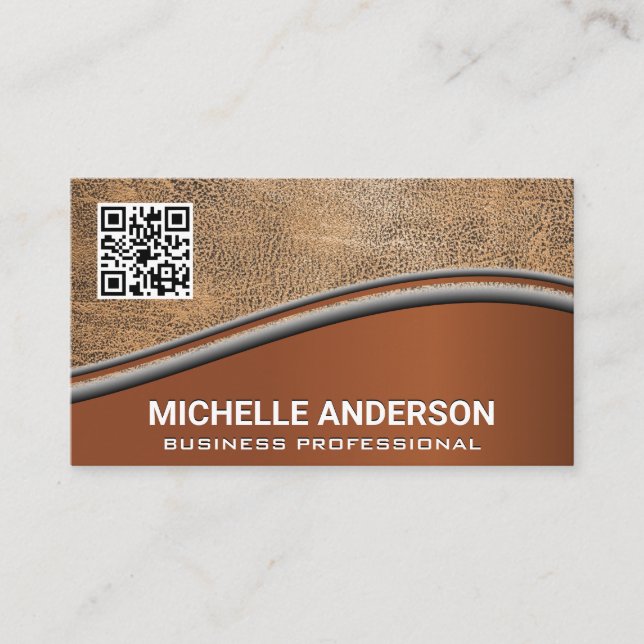 Cuero marrón del código QR | Tarjeta de visita met (Anverso)