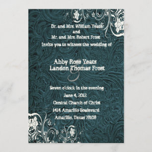 Cuero verde azulado e invitación blanca de la boda