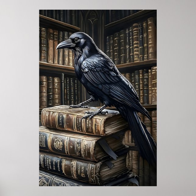 Cuervo en libros impresión de arte vintage, Academ (Frente)