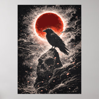 Cuervo en Roca de Cráneo en Luna Roja, Arte Japoné