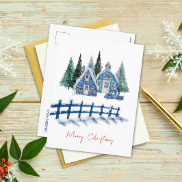 Cuidada acuarela Blue House Car Feliz Navidad