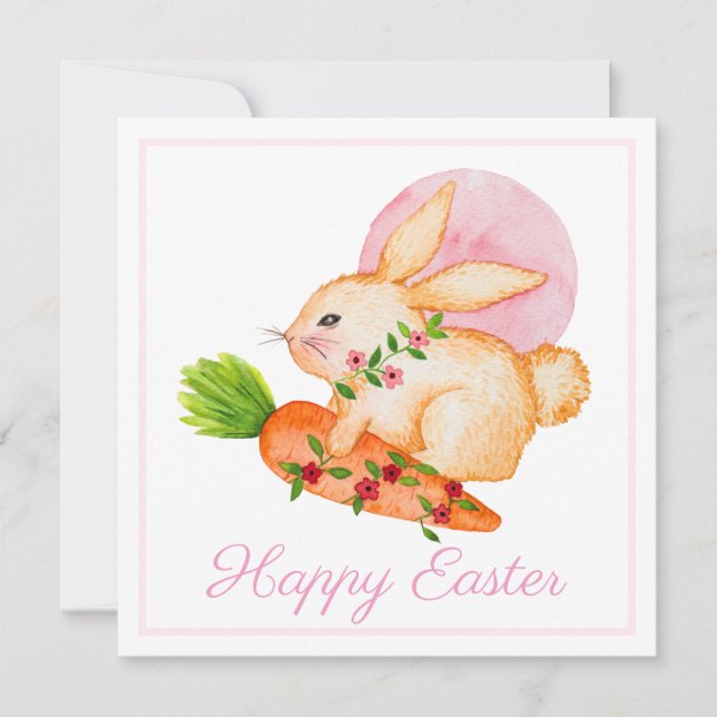 Cuidada acuarela Bunny Pink Happy Easter Card (Anverso)