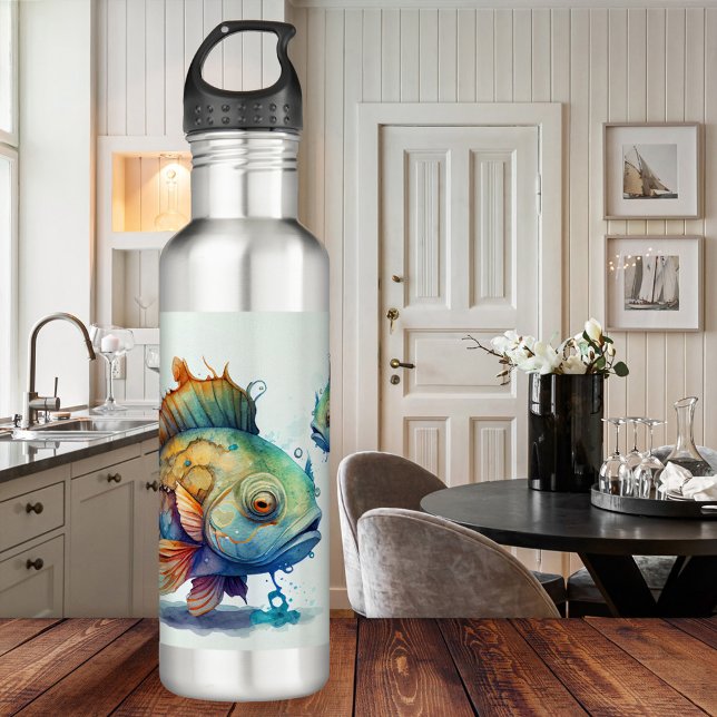 Cuidada Acuarela Colorida Peces Botella de Agua (Water bottle showing a watercolor painting of colorful fishes. For anyone who loves fish or a Pisces)