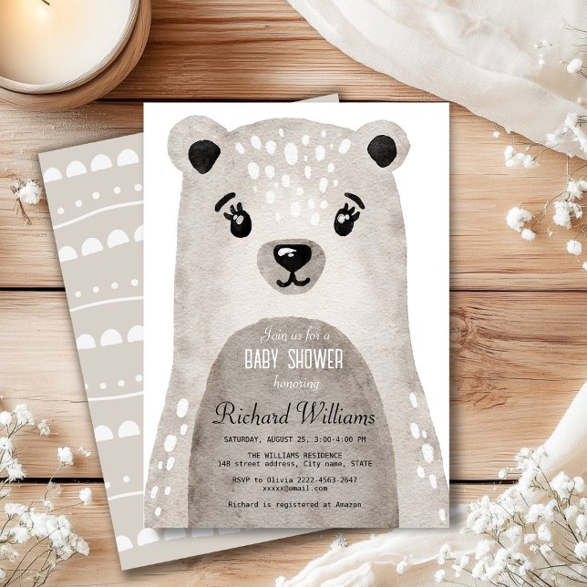 Cuidada acuarela oso niño invitación a ducha de be (Cute beige watercolor boho bear baby shower invitation)