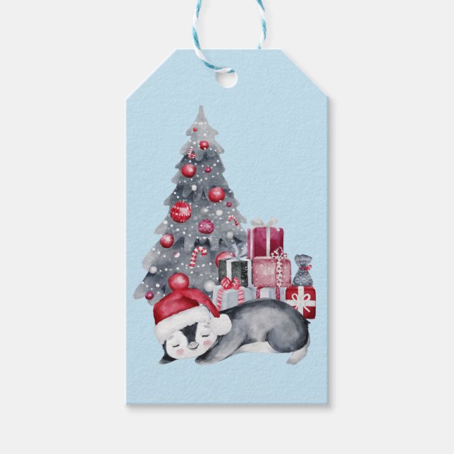 Cuidada acuarela pingüino etiqueta de regalo (Anverso)