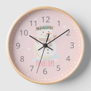 Cuidada acuarela Snowman y reloj de pared de nombr