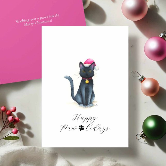 Cuidada acuarela Tarjetas para Navidades de gato n (Black cat Christmas cards watercolor by Victoria Grigaliunas Happy Paw-lidays Merry Christmas Wishes)