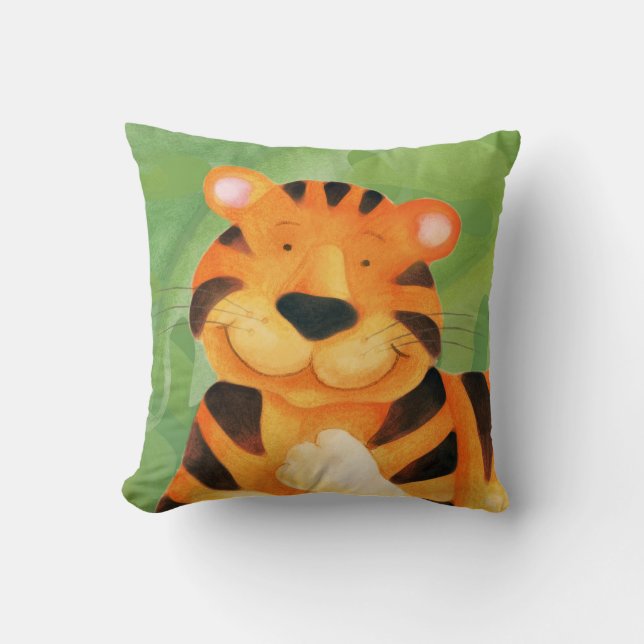 Cuidada cara de tigre feliz almohada de lanzamient (Anverso)