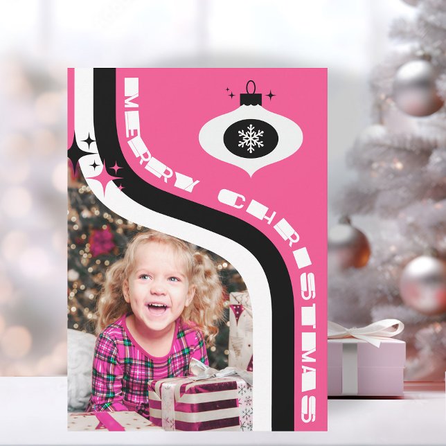 Cuidada Navidad Rosa Y Negro Retro Feliz (custom photo Christmas card retro merry Christmas card pink and black)