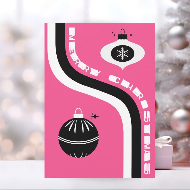 Cuidada Navidad Rosa Y Negro Retro Feliz (custom Christmas card unique merry Christmas retro pink and black)