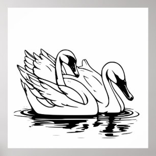 Cuidada Pareja De Arte De La Línea De Cisne Blanca