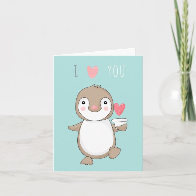 Cuidada Personalizado Pingüino Te Amo Tarjeta Turq (Anverso)