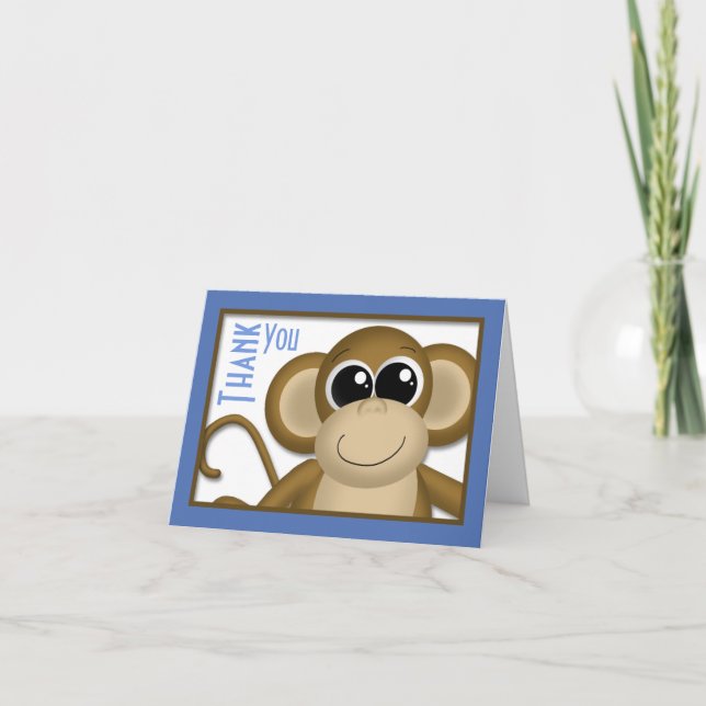 Cuidada tarjeta de agradecimiento azul de mono (Anverso)