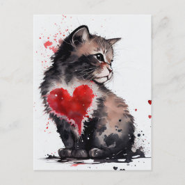 Cuidada tarjeta de amor para el gato y la acuarela