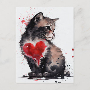 Cuidada tarjeta de amor para el gato y la acuarela