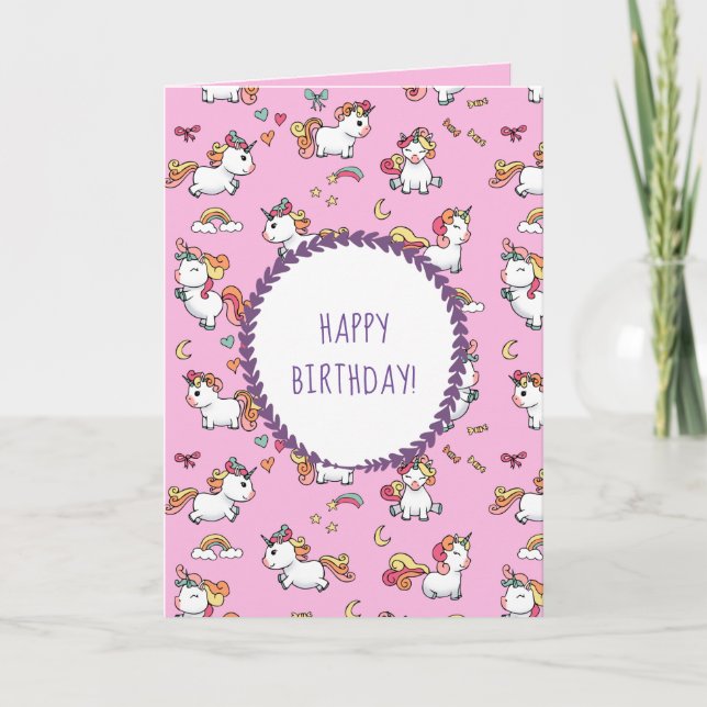 Cuidada tarjeta de cumpleaños de patrón de unicorn (Anverso)