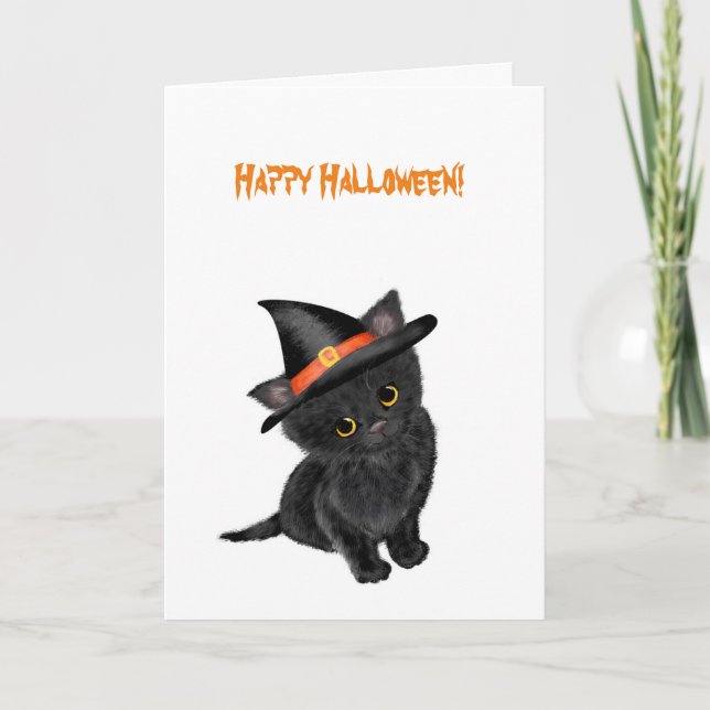Cuidada tarjeta de Halloween de gatito negro (Anverso)