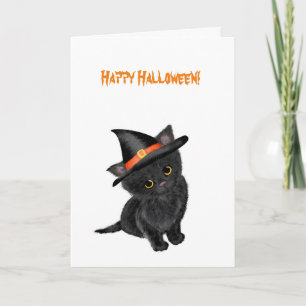 Cuidada tarjeta de Halloween de gatito negro
