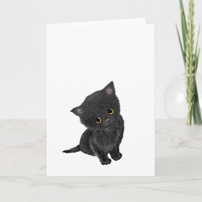 Cuidada tarjeta de saludos de gatito negro (Anverso)