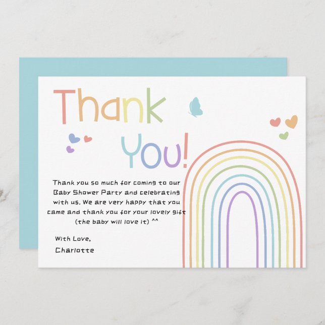 Cuidada tarjeta Rainbow Baby Shower de agradecimie (Anverso / Reverso)