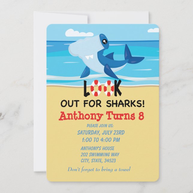 Cuidado Con Los Tiburones... Invitación Al Cumplea (Anverso)