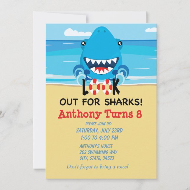 Cuidado Con Los Tiburones... Invitación Al Cumplea (Anverso)