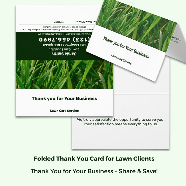 Cuidado del jardín Gracias Tarjeta de referencia S (Lawn Care Thank You Referral Card Text-Only - Green & White; Folded size 3.5x2 Inch)