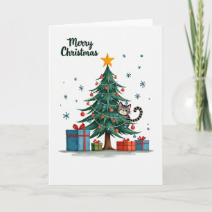 Cuidado Gato En Árbol De Navidad Tarjeta De Navida