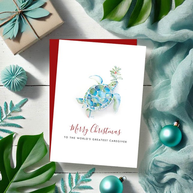 Cuidador de Tortugas Marinas en Navidad Costera en (Merry Christmas wishes for caregiver features watercolor sea turtle by Victoria Grigaliunas)