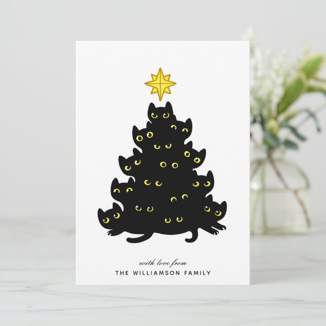 Cuidados gatos negros Feliz Tarjeta de Navidad (Anverso de pie)