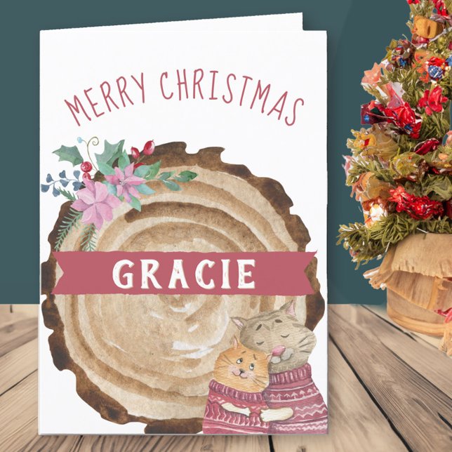Cuidados Navidades Gatos Gatitos Tarjeta Rusa de V (Kids cute Christmas Card with childs name)