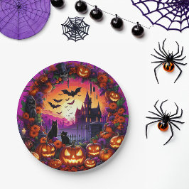 Cuidados platos de Halloween con calabazas y casa