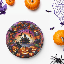 Cuidados platos de Halloween con calabazas y casa