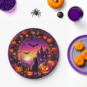 Cuidados platos de Halloween con calabazas y casa 