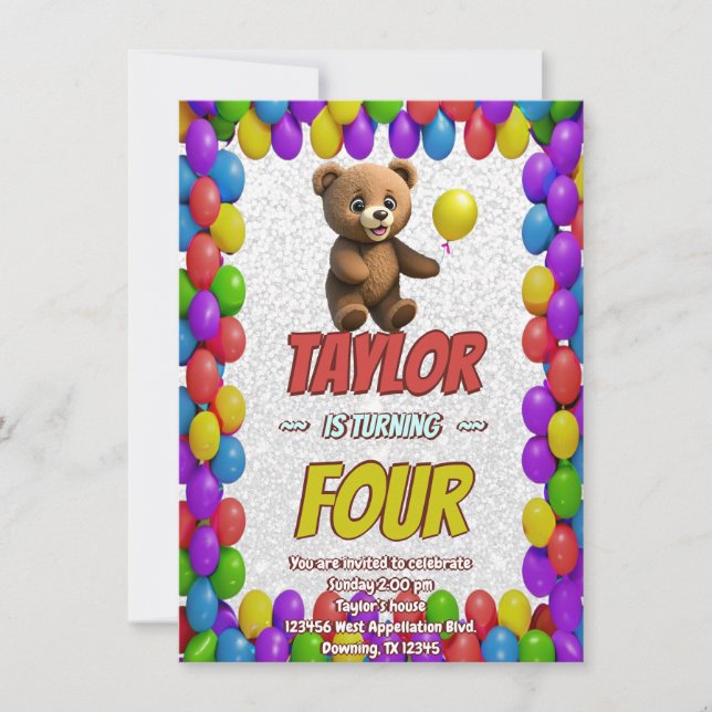 Cuidadosamente Teddy Bear Tema Invitación de cumpl (Anverso)