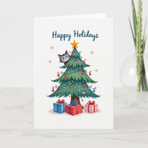 Cuidar gato en árbol de Navidad Feliz tarjeta de v