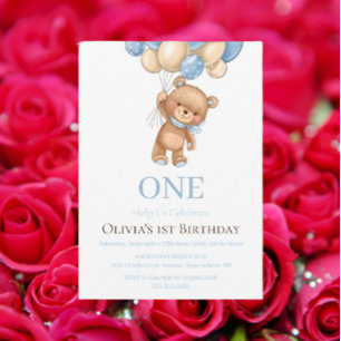 Cumpleaños 1ª Invitación de Teddy Bear Balloon Boy
