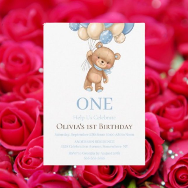 Cumpleaños 1ª Invitación de Teddy Bear Balloon Boy (Sweet Teddy Bear Baby Shower Invitations)