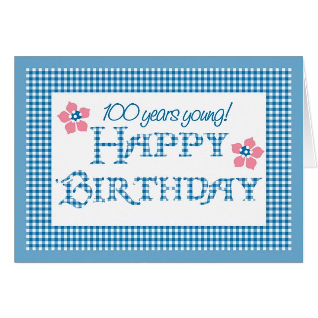 Cumpleaños 100, Blue Check Gingham Pattern (Anverso (Horizontal))