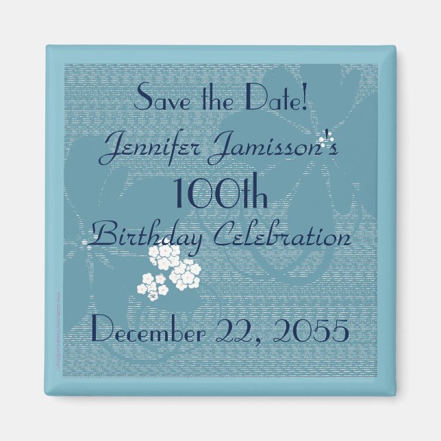 Cumpleaños 100 Salvar la fecha azul imán floral (Frente)