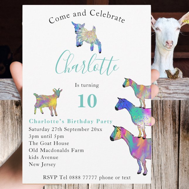 Cumpleaños 10 de cabras coloridas animales lindos  (Cute goats farm animal themed 10th birthday party invitation with colorful animal art)