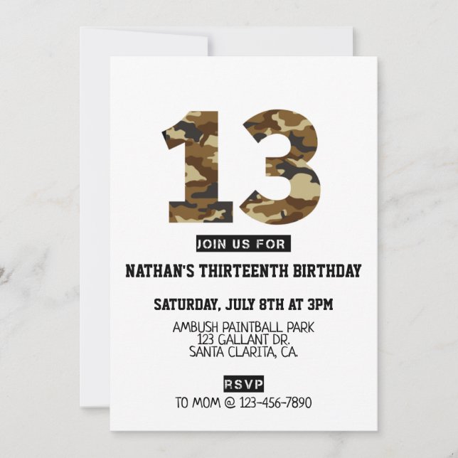 cumpleaños 13, fiesta de niño, ejército, trece, cu (Anverso)