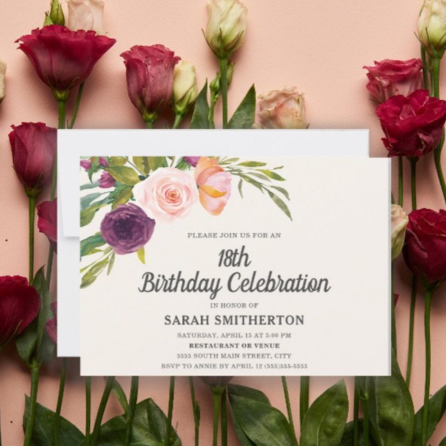 Cumpleaños 18 Floral Acuarela Rosa Tono Morado (Subido por el creador)