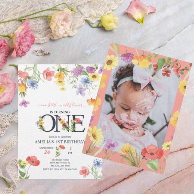 Cumpleaños 1 de niña | Invitaciones de flores silv (Subido por el creador)