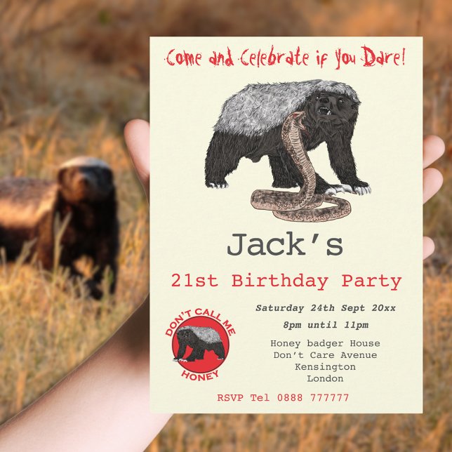 Cumpleaños 21 divertido tejón miel animal descarad (Honey badger themed 21st birthday party invitation badass fearless wild animal)