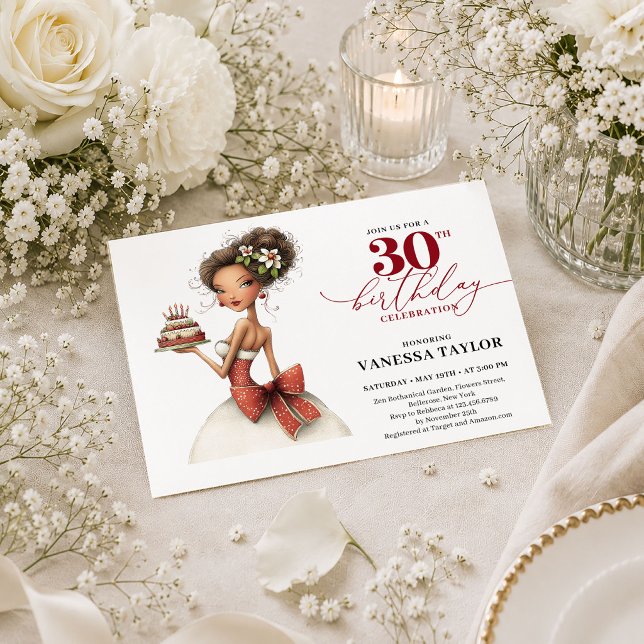 Cumpleaños 30 profundo rojo Invitación caprichosa  (Deep Red 30th Birthday Quirky Woman Whimsical Party Card

)
