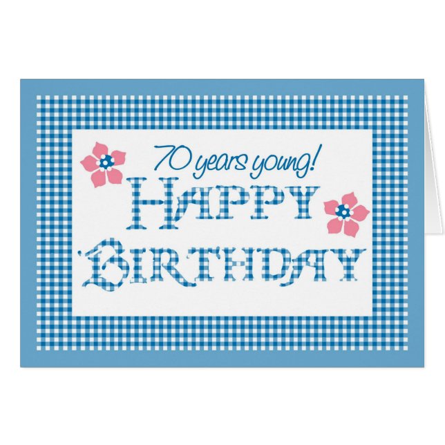 Cumpleaños 70, Blue Check Gingham Pattern (Anverso (Horizontal))