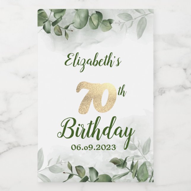 Cumpleaños 70 Elegante Eucalipto en Acuarela Verde (Etiqueta única)