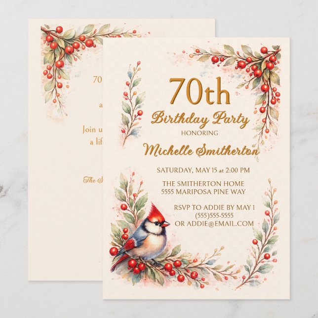 Cumpleaños 70 Tarjeta de Pájaro Cardinal Acuarela  (Anverso / Reverso)